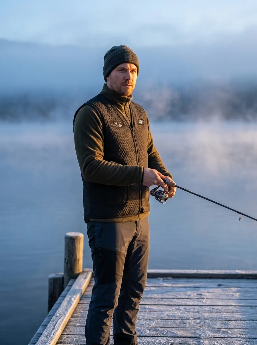 Angler in an FHIC heated vest on a misty lake at dawn