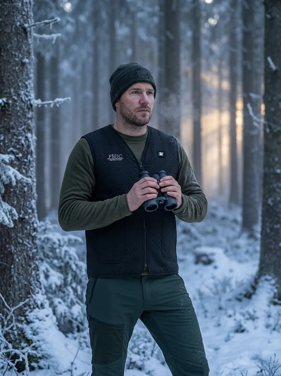 Man in an FHIC heated vest with binoculars in a snowy forest