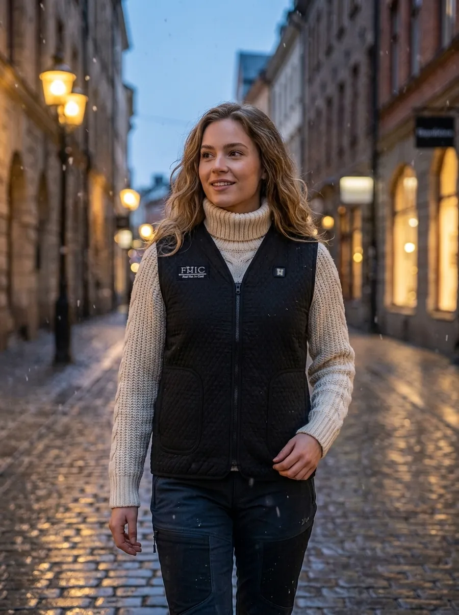 Woman in an FHIC heated vest on a winter street at night